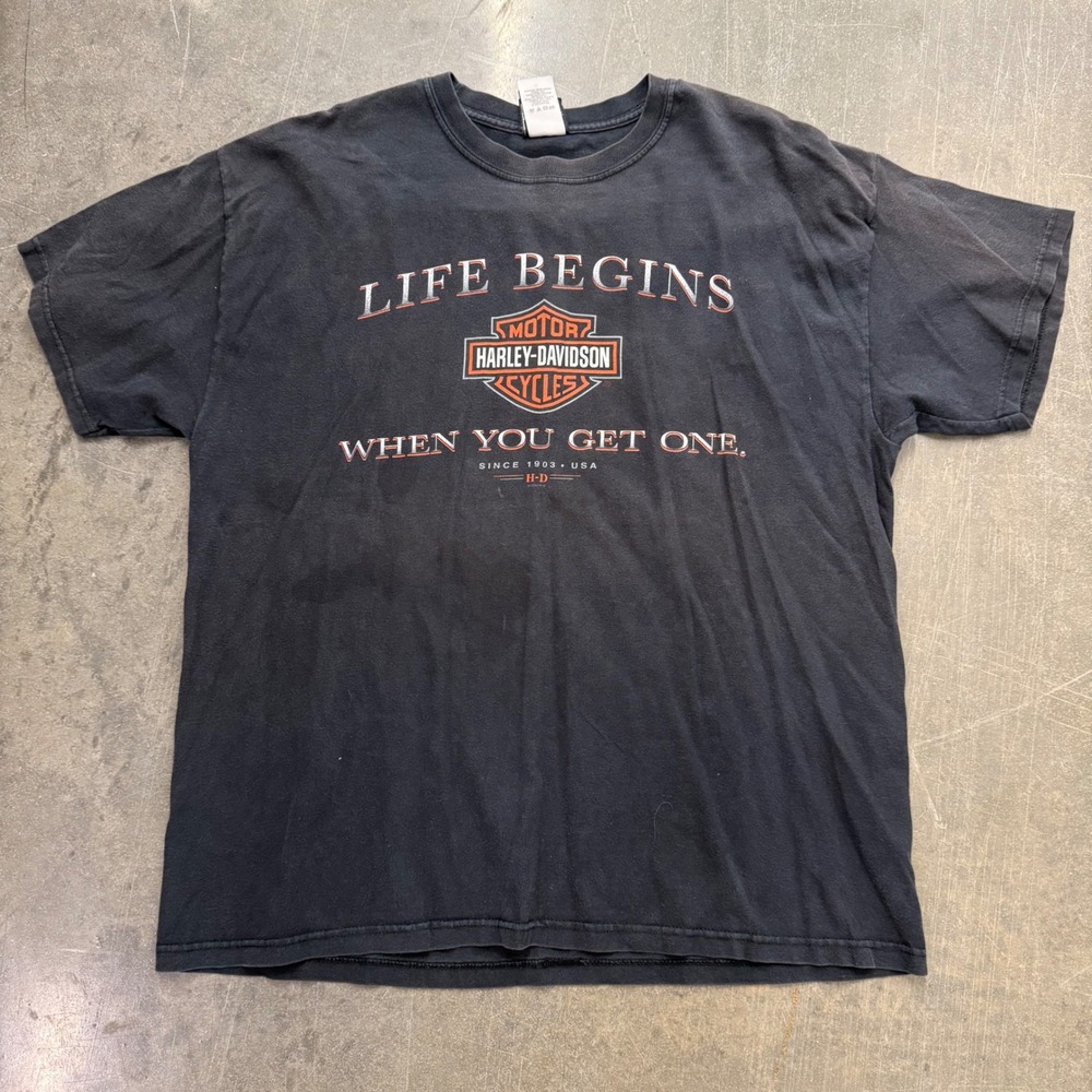 Vintage Harley Davidson Arkansas Jones Tee Shirt Black XL Life Begins Graphic